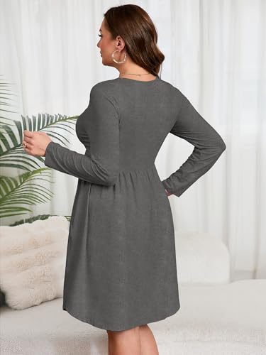 Image of AusLook Women's Plus Size Long Sleeve Midi Dress Casual Empire Waist Loose Flowy Dresses A-Line Boho Long Dress with Pockets