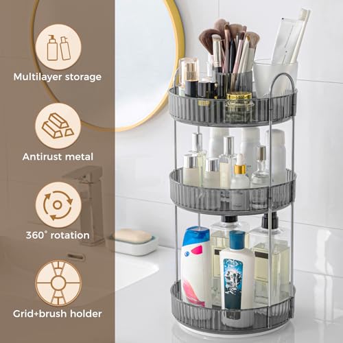 Image of 360 Rotating Makeup Organizer, Upgraded 3 Tier Skincare Perfume Organizers for Women, Bathroom Organizer Countertop, Clear Cosmetic Dresser Organizer with Makeup Brush Holder, Sink&Counter(Grey)
