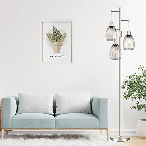 Dimmable Floor Lamp, 3 X 800Lm Led Edison Bulbs Included, Industrial Floor Lamp Standing Tree Lamp With Elegant Teardrop Cage Heads Tall Lamps For Living Room Bedroom-Brushed Nickel #TOP4