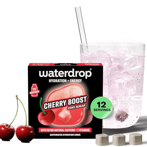 waterdrop Energy Drink Cherry - Water Flavouring Hydration Tablet in Cherry Flavour Sugar Free Low Calorie Fizzy Drinks 90 mg Natural Caffeine Vitamin C and B - 12 Drinks