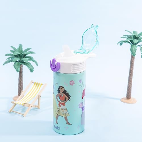 Image of Zak Designs Disney Princess Kids Water Bottle For School or Travel, 14oz Stainless Steel Water Bottle With Straw, Handle, and Leak-Proof, Pop-Up Spout Cover (Ariel, Moana, Snow White, Tiana)