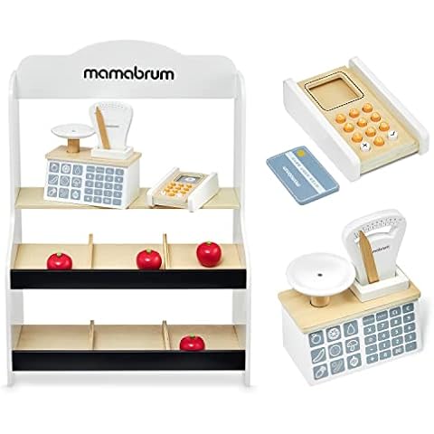 Mamabrum, Children's Wooden Shop, Minimarket, Merchant Shop for Kids, Natural Wood, Sales Stand with Scales, Terminal, Number Cards and Fruit, Market Stand with Accessories Cover