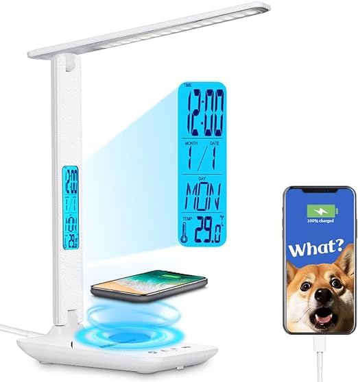 LED Desk Lamp with Wireless Charger and USB Charging Port, Desk Lamp with Clock, Alarm, Date, Temperature Function