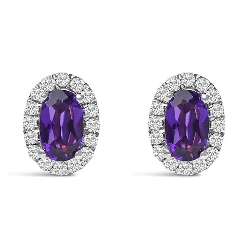 10K White Gold 5x3 MM Oval Purple Amethyst and Diamond Halo Stud Earrings (I-J Color, I1-I2 Clarity)