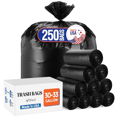 Delxo 30-33 Gallon Trash Bags, 250 Count – Medium Duty Garbage Bags, Thick, Durable & Puncture-Resistant Plastic Bolsas para basura, Perforated Design– Made in USA for Kitchen, Yard, Office (Black)