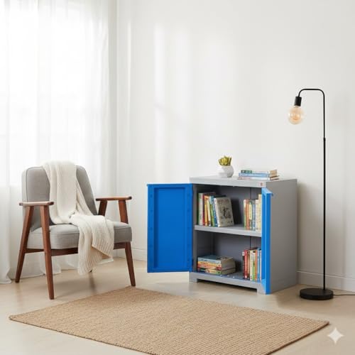 Image of Cello Novelty Compact Bookshelf, Blue & Grey | 2 Dustproof Doors | Space Saving Cupboard | Plastic Book Shelf | Multipurpose Book Shelf for Home, Office | Book Organizer for Library