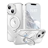 【透き通る上質感・多機能360°回転スタンド】KMAMBNG iPhone13 用 ケース Magsafe対応【耐衝撃・金属感・真空メッキ・黄変防止・ストラップホール付き】縦横両立 角度自在 調整可能 磁吸機能でワイヤレス充電対応 おしゃれ スマホケース (クリア, iPhone 13/14)