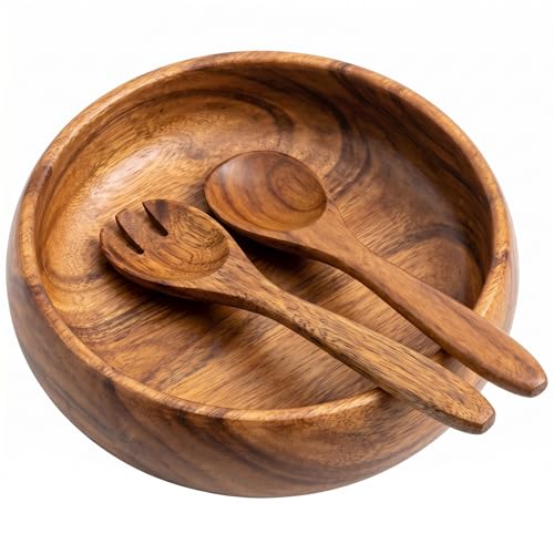 Handcrafted Hawaiian Acacia Wood Salad Bowl Set 10 Round Wooden Bowl with Servers Durable Food-Safe Eco-Friendly