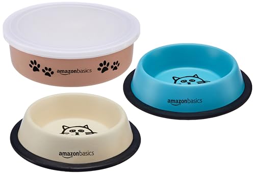 Image of Amazon Basics Stainless Steel Pet Feeding Bowls for Dog & Cats | Anti Slip Base | 3 Pcs Set of Bowl 230 ml Each with Canister 860 ml | Multi Colours and Printing