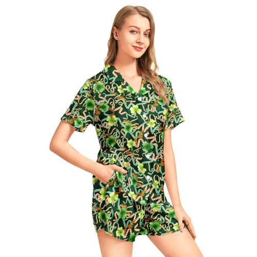 Image of Funny Pajamas for Women Set Print Satin Loungewear Pjs Short Sleeve Button Down Top and Shorts Sets Sleepwear XS-3XL