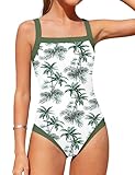 Shallmu Teen Swimsuits for Girls 12-14 One Piece Bathing Suit for Girl Adjustable Thick Straps Tropical Print Teen Girls Swimsuits with Cover Up Skirt Green+Palm