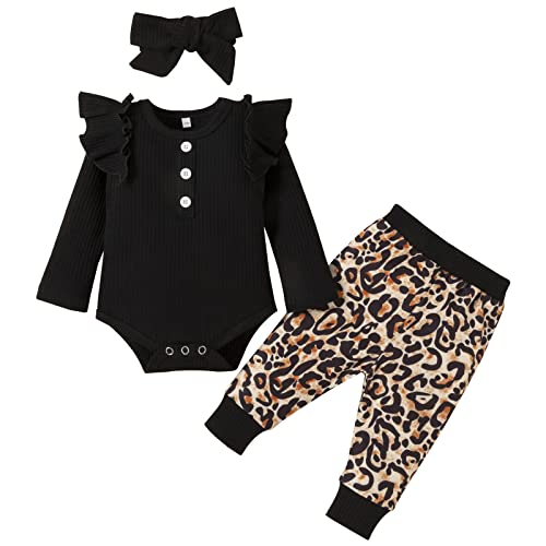 Image of DaMohony Newborn Baby Girl Clothes Set 3 Piece Ribbed Knit Romper Bodysuit with Leopard Print Pants Set Infant Girls Fall Winter Outfits 0-3M