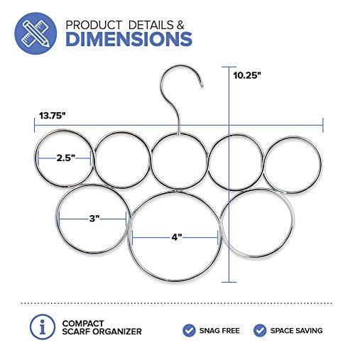 Scarf Hanger Organizer Holder For Closet Space Saving Organization And Storage, 8 Snagless Satin Chrome Rings By Exultimate #TOP1