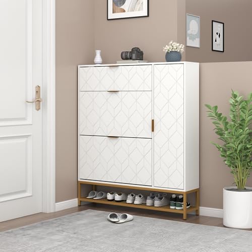 Loomie Shoe Cabinet,Freestanding Tipping Bucket Shoe Rack Organizer with 2 Flip Drawers,Entryway Narrow Shoe Storage with Adjustable Storage Shelf &Top Cubby,Modern Slim Hidden Shoe Cabinet, White