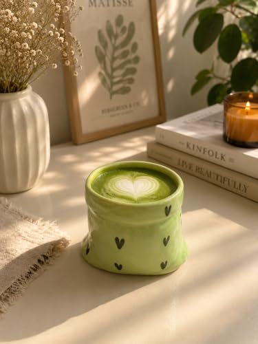 Image of Handmade Green Heart Print Handmade Green Heart Print Ceramic Pouch Mug - Aesthetic Pottery Coffee Cup for Tea, Coffee, Milk & Espresso | Cute Designer Handmade Ceramic Mug
