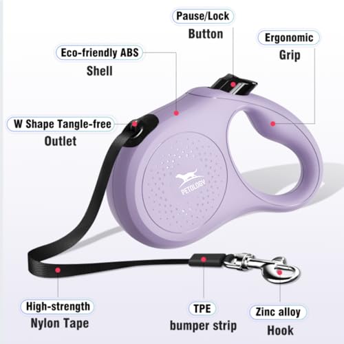 Image of Petology Retractable Dog Leash | 3 Meter (10ft) Nylon Tape | for Dogs Upto 12kgs | Heavy Duty Rope, 360 Tangle-Free, One-Hand Brake & Lock System, Anti-Slip Comfortable Grip