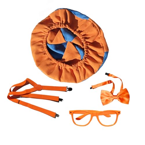 Ruwunec 4-Piece Halloween Dress Up Kit Includes Orange Suspenders Blue Orange Hat Bow Tie Fun Glasses Themed Party Costume Accessories