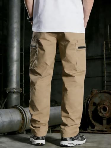 Image of Men's Pure Cotton Cargo Pants | Regular Fit Multi-Pocket Utility Trousers for Men | Solid Cargo Bottom Wear with Zip Pockets | Comfortable Casual Outdoor Wear