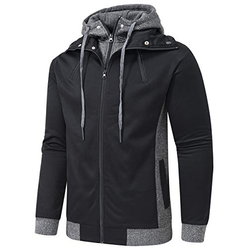 Yukaichen Men's Fleece Hooded Jacket Turtleneck Slim Fit Double Zipper Hoodie Outerwear Black M #TOP1