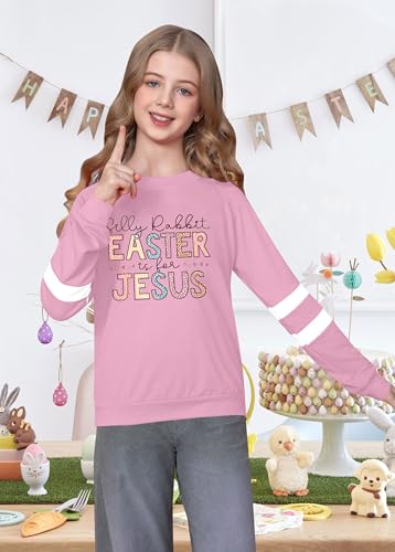 Image of LAZYCHILD Kids Easter Shirt Girls Happy Easter Shirts Rabbit Graphic Long Sleeve Striped Tee Tops 5-14 Years