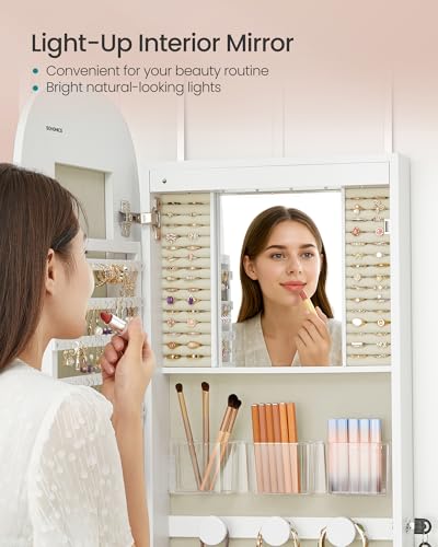 Image of SONGMICS Jewelry Organizer, LED Jewelry Cabinet Wall /Door Mounted, Lockable Rounded Wide Mirror with Storage, Interior Mirror, 3.9 x 16.5 x 55 Inches, White Surface with Greige Lining