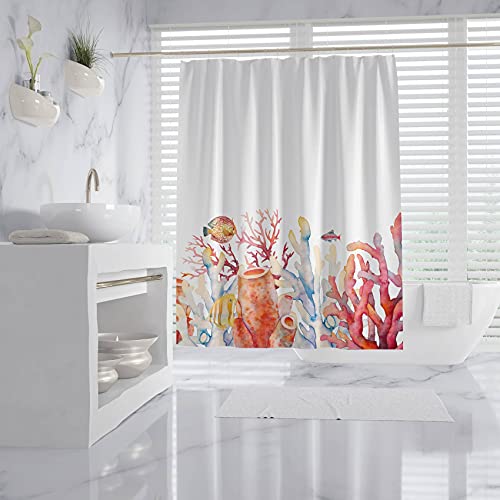 Emvency Shower Curtain Curtains Sets With Hooks Nautical Theme Watercolor Coral Border With Underwater Branches Sea Horse And Fishes On White 72"X72" Waterproof Decorative Bathroom #TOP3