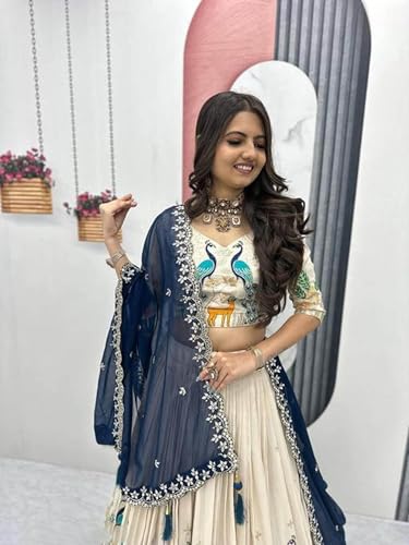 Image of Suppar Sleave Women's Embroidered Vichitra Silk Lehenga Choli Dupatta Set Semi-Stitched Blouse and Fit & Flare Style