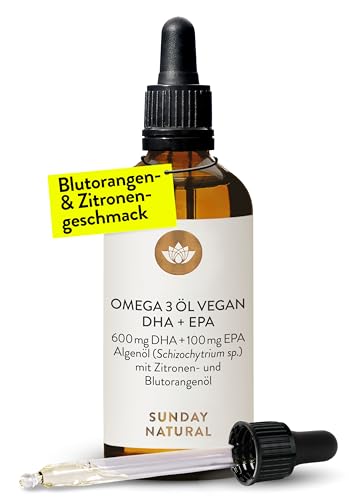 SUNDAY NATURAL DHA Omega 3 Vegan 1000mg Algenöl Hochdosiert 715mg Omega 3 pro Tagesdosis 60% DHA + 10% EPA Omega3 Algenöl mit Zitronen & Blutorangengeschmack - Laborgeprüft
