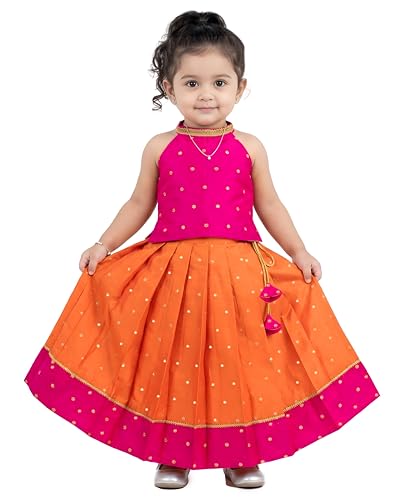 Image of Girls Designer Lehenga Choli Set Orange Rani Pink Readymade Pattu Pavadai Style Traditional Ethnic Dress for Baby Girls Kids Festive Wedding 3Months-8 Years