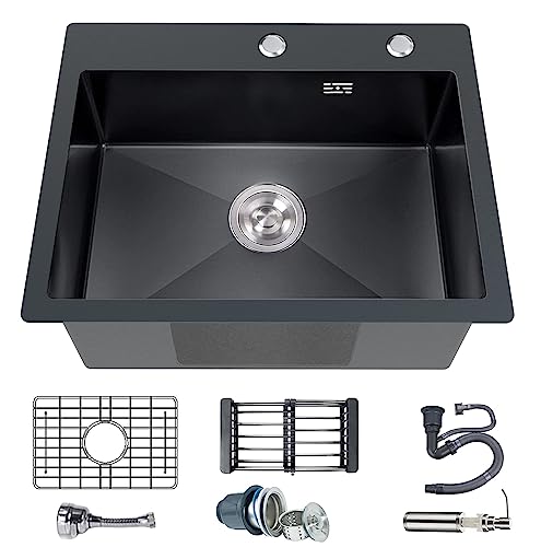 Black Kitchen Sink Stainless Steel 19.7 X 15.7 Inch Single Bowl Drop In Kitchen Sink With Gift: Stainless Steel Bottom Grid, Faucet Sprayer, Drain Strainer Set For Modern Kitchen Sink #TOP26