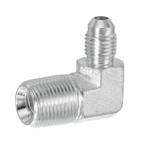 Image of PATIKIL 90 Degree Pipe Adapter, 7 /16 inch Male 37 Flare JIC x 3 /8 inch BSPT Male Connector Carbon Steel Elbow Fitting for Air Hydraulic Fluid Fuel Water Oil, Silver