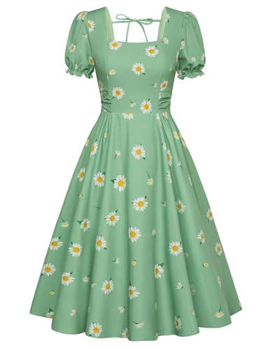 Image of Belle Poque Women's Vintage Midi Cottagecore Cocktail Dresses | Belle Poque Women's Vintage Cottage Core Dress,A-line,Midi,Square Neck,Homecoming Dress,Cocktail Dress,Sun Dress