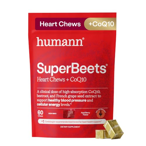 HumanN SuperBeets 3-in-1 Heart Chews - 3X Absorption CoQ10 - Plus Beetroot & Grape Seed Extract Blood Pressure Support Support Healthy Blood Flow Circulation 60 Count