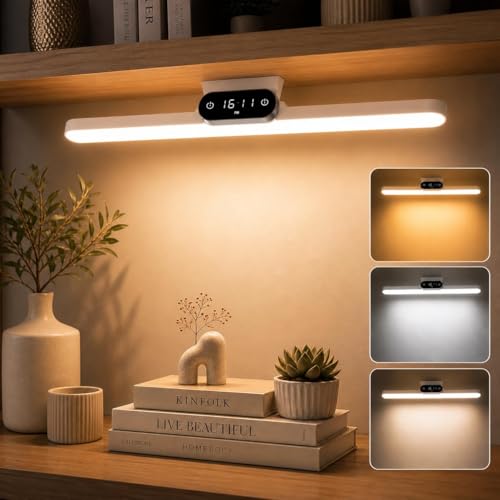 Image of One94Store Rechargeable LED Cabinet Light - Wireless Under Cabinet Lighting with Clock Display, 3 Color Dimmable Modes, 1200mAh Battery & Magnetic Mount for Kitchen, Closet & Bedroom, White