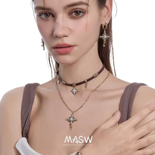 Retro stylish Star Cross Pendant Necklace Faux Leather Women's Collar Personalized Double Layer Necklace M25922