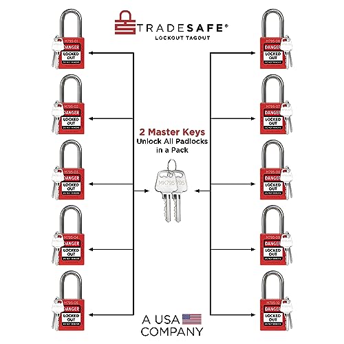 Image of TRADESAFE Lockout Tagout Locks Set with Master Keys - 10 Red Loto Locks Keyed Different, 2 Keys Per Lock, Lockout Locks for Electrical Lockout Tag Out Kits