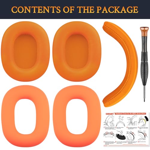 Image of SOULWIT Ear Pads Cushions + Headband + Silicone Earpads Cover Protector, Replacement Kit for ATH M50, M50X, M50XWH, M50XBT, M50XBT2, M50S /LE Headphones, Replacement Repair Part (Orange)