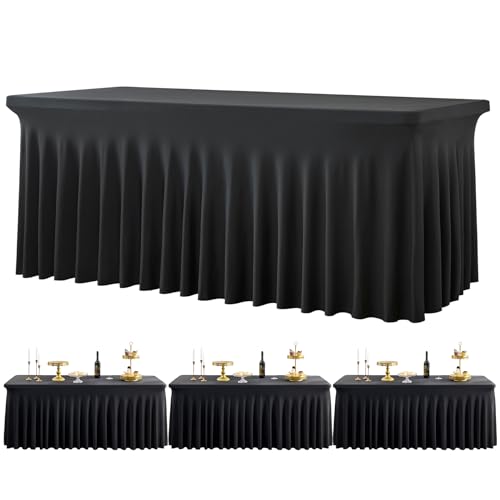 Image of Black Spandex Tablecloth for 6 Foot Rectangle Tables, 3 Pack Fitted Table Cloths 6ft Stretchy Table Clothes Cover Desk Skirt for Parties Weddings Birthday Graduation Banquet