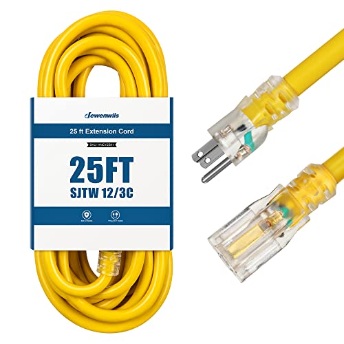 DEWENWILS 15 FT 12/3 Gauge Indoor/Outdoor Extension Cord with Lock, SJTW 15 Amp Yellow Outer Jacket Contractor Grade Heavy Duty Anti-Shedding Power Cable with LED Lighted Plug, ETL Listed 15