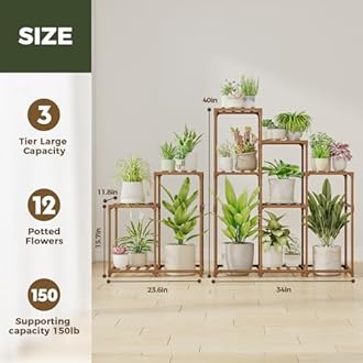 Bamworld 2 Sets Plant Stands Indoor Tall Shelves Outdoor for Multiple Flowers 10 Pots Wooden Rack for Living Room Balcony Garden