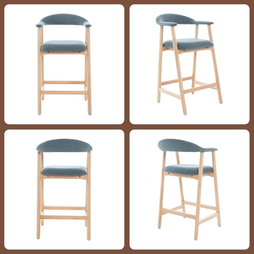 Image of 26 inch Bar Stools Set of 2, Upholstered Counter Stools, Modern Linen Counter Height Bar Chairs with Backs and Arms, Wood Legs and Footrest, for Kitchen Counter, Island, Dining Room, Blue