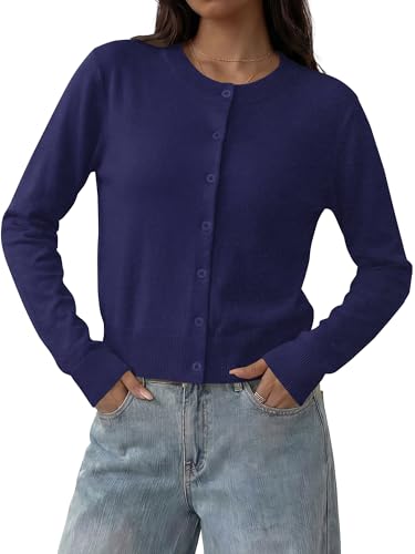 LaGracia Womens Cropped Cardigan Sweaters Button Down Sweater for Women Long Sleeve Open Front Cardigans Button Down Crop Sweater Lightweight Knit Spring Fall Y2k Outfits Trendy Navy S — view 3