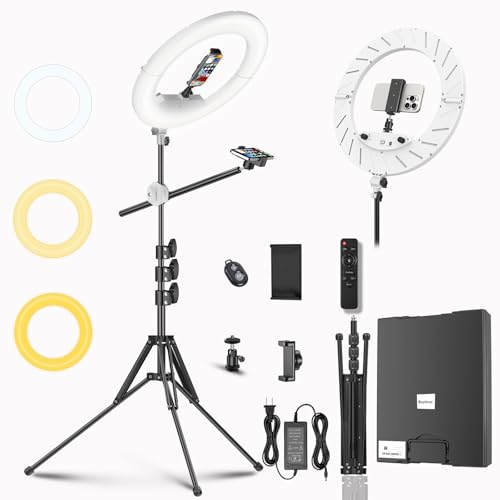 Image of 55W18 45cm Ring Light Kit [New Version] 6700K Dimmable LEDRinglightTripod Stand Dual Phone Holder for iPhone Selfie Makeup LashTattoo Studio Lighting Painting,Photo Video Recording (White)