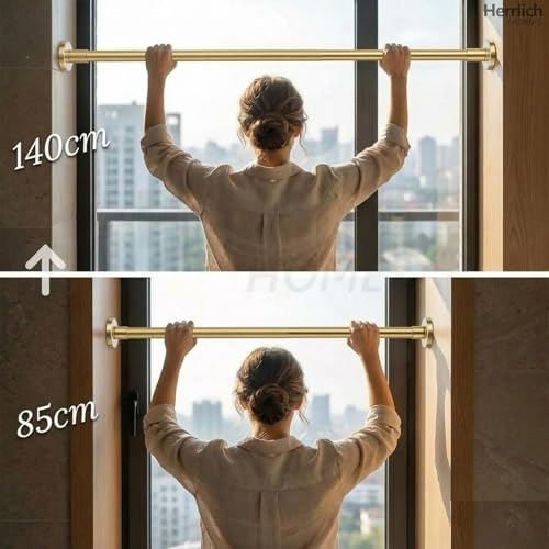 Image of Herrlich Homes (85 to 140 cm) Extendable Shower Curtain Tension Rod | Non-Drilling Anti-Skid Spring Pull Rod | Adjustable Size | With Rubber Pads | Stainless Steel | Gold | 1 Piece