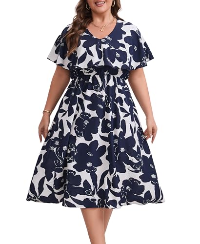 Image of Plus Size Summer Dresses for Women Casual Short Sleeves A Line Midi Dress