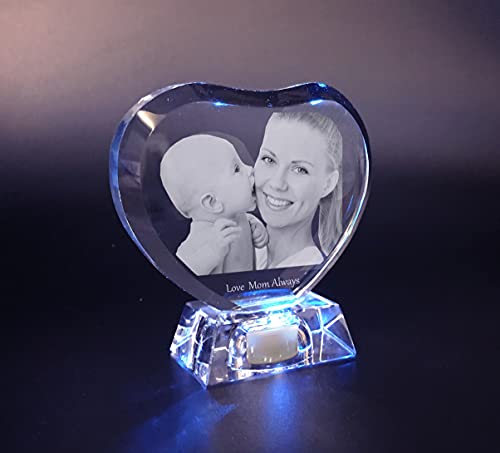 Foto de cristal 2D/3D personalizada en 3D en cristal grabado en forma de corazón de cristal con tu propia imagen (cumpleaños, regalo de boda, regalo del día de la madre, San Valentín, Navidad)