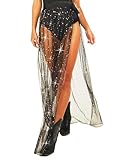 JEWEKY Mesh Split Long Sheer High Waist Skirt Sparkly See Through Party Clubwear Costume for Women Black
