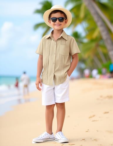 Boys Guayabera Shirt Short Sleeve Button Down Casual Shirt with Chest Pockets for Summer Hawaiian Holiday 4-13Y 6