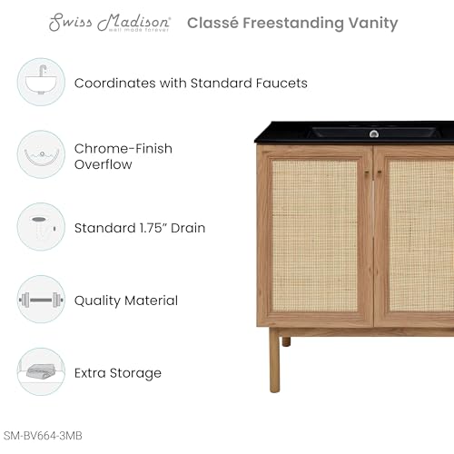 Image of Swiss Madison Classe 30 in. Brown Oak Bathroom Vanity with Black, 3-Hole Ceramic Sink Top