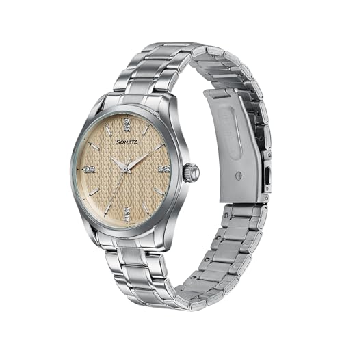 Image of Sonata Jashn with Quartz Analog Beige Dial Silver Strap Men's Wedding Watch - 77206SM01
